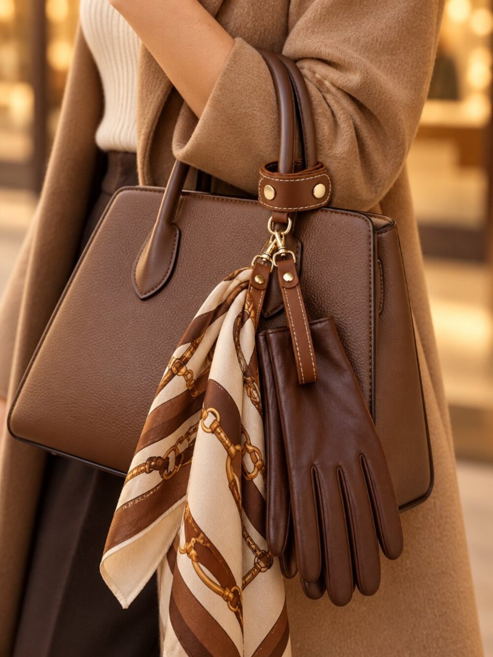 Brown Faux Leather Scarf Holder Bag Accessory - Picture 2 of 6